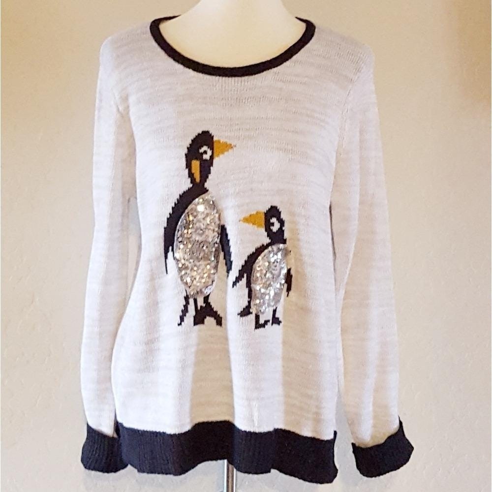 Holiday Time Y2K Penguin Sequin Sweater Ivory Black Christmas Pullover Large - Picture 2 of 5